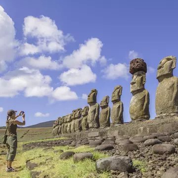 The line of moai at Ahu Tongariki on Rapa Nui (Easter Island), Chile.