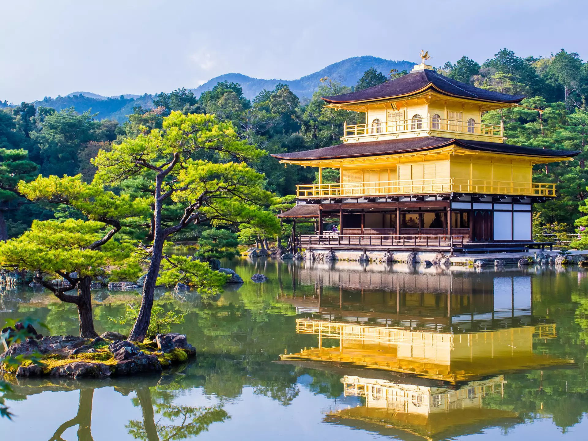 A temple is covered in gold leaf, pictured in front of a pond and surrounded by trees.
