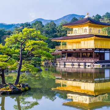 A temple is covered in gold leaf, pictured in front of a pond and surrounded by trees.