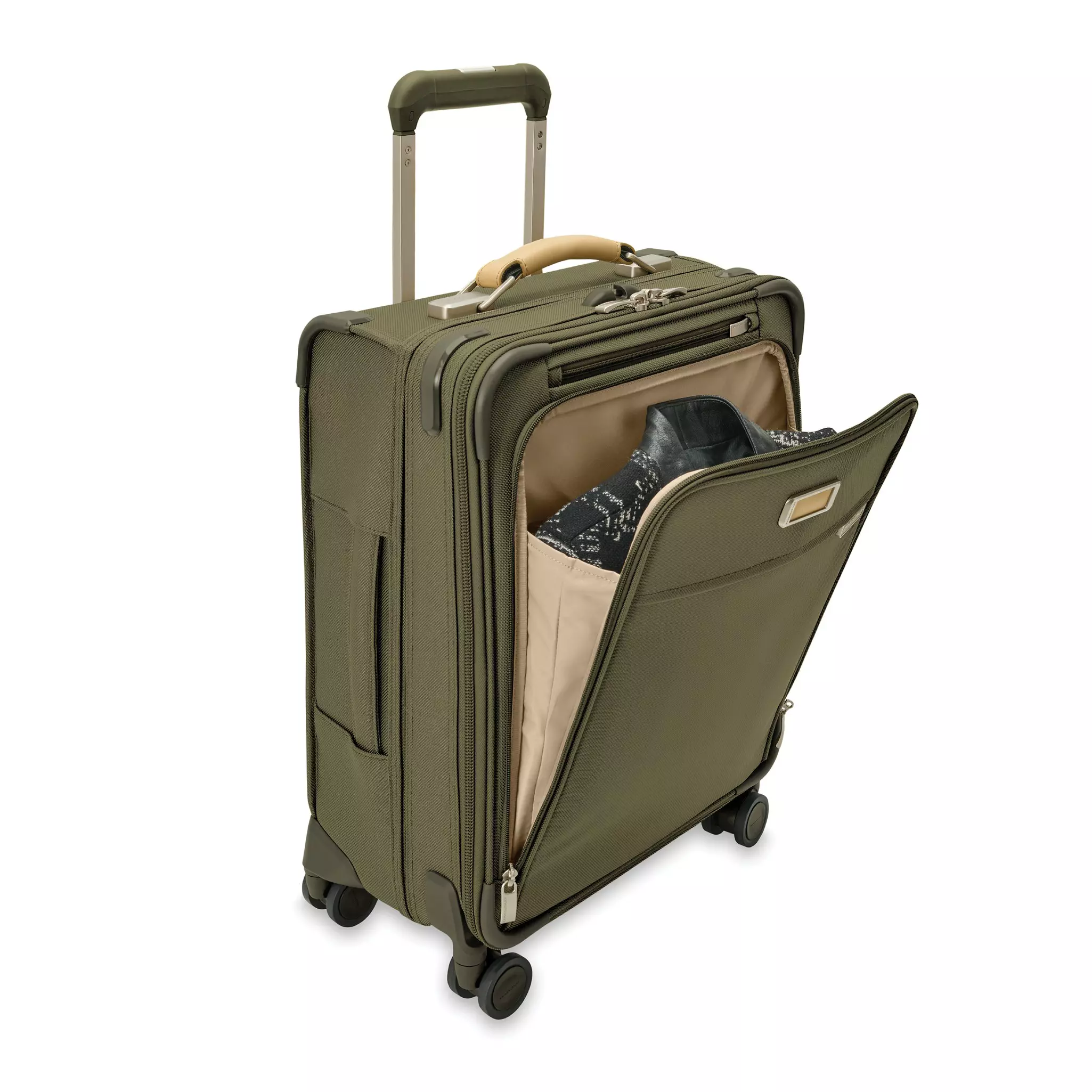 An olive green suitcase with four wheels and an open front pocket.