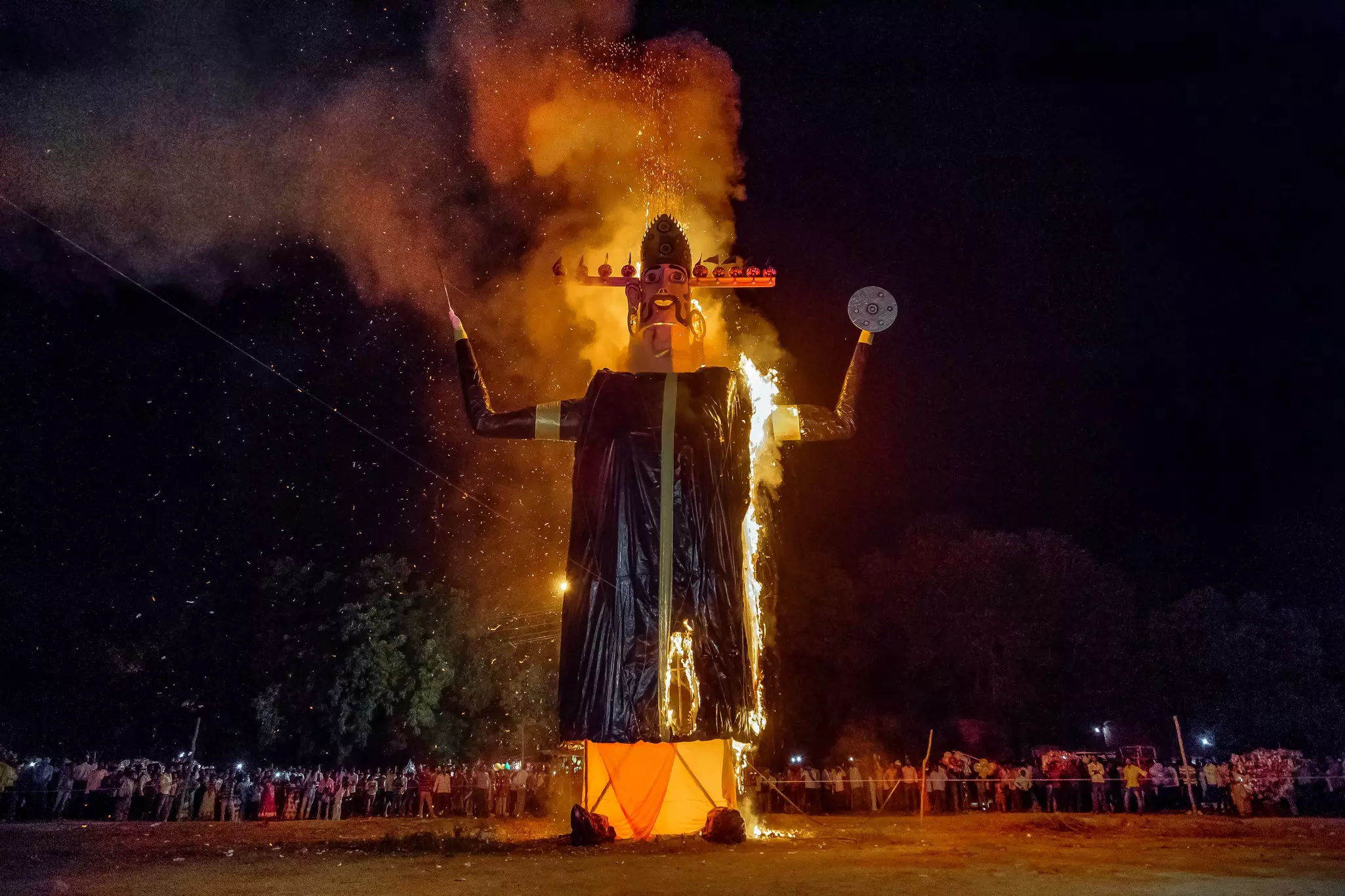 An effigy of Ravana being burned for Ravan Dahan during Dussehra, India.