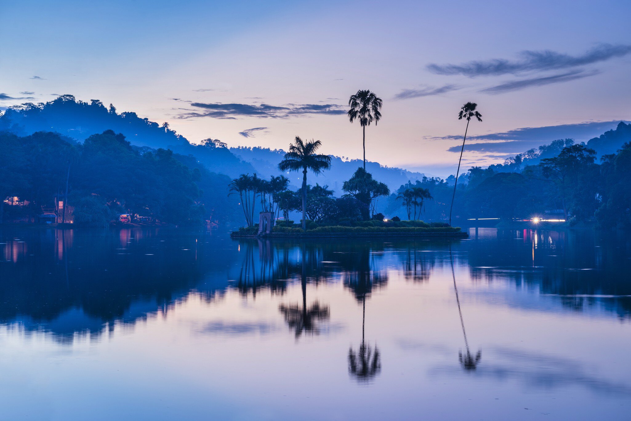 Kandy Lake and the island which houses the Royal Summer House at dawn, Kandy, Central Province, Sri Lanka, Asia