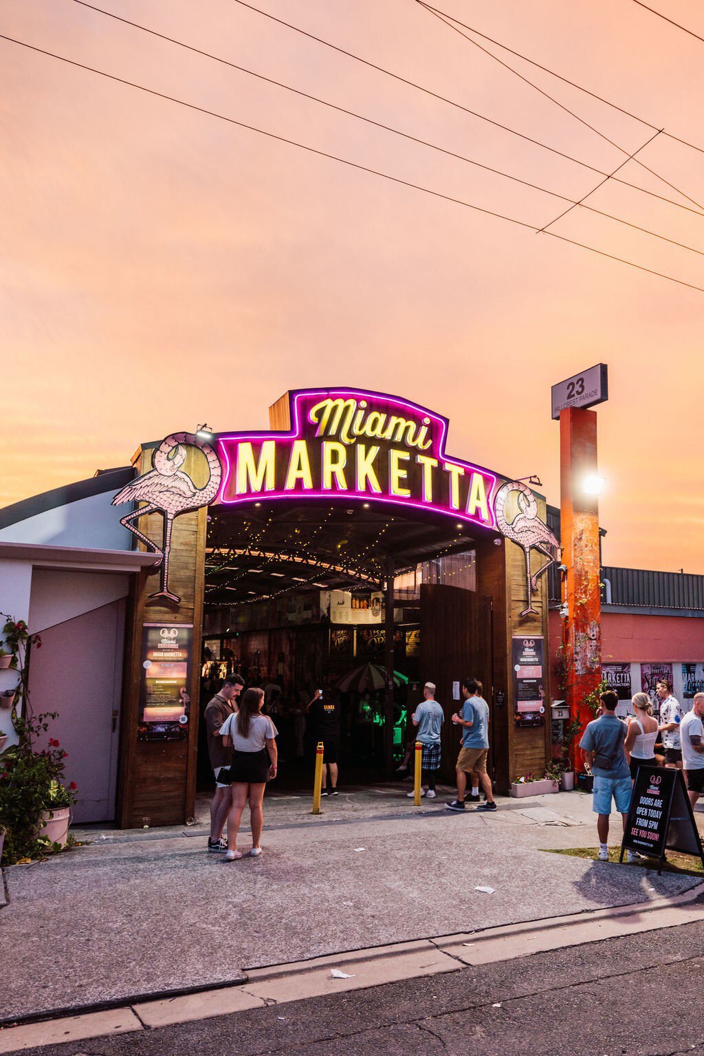 Facade of Miami Marketta street market at sunset in Gold Coast, Queensland, Australia.