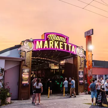 Facade of Miami Marketta street market at sunset in Gold Coast, Queensland, Australia.