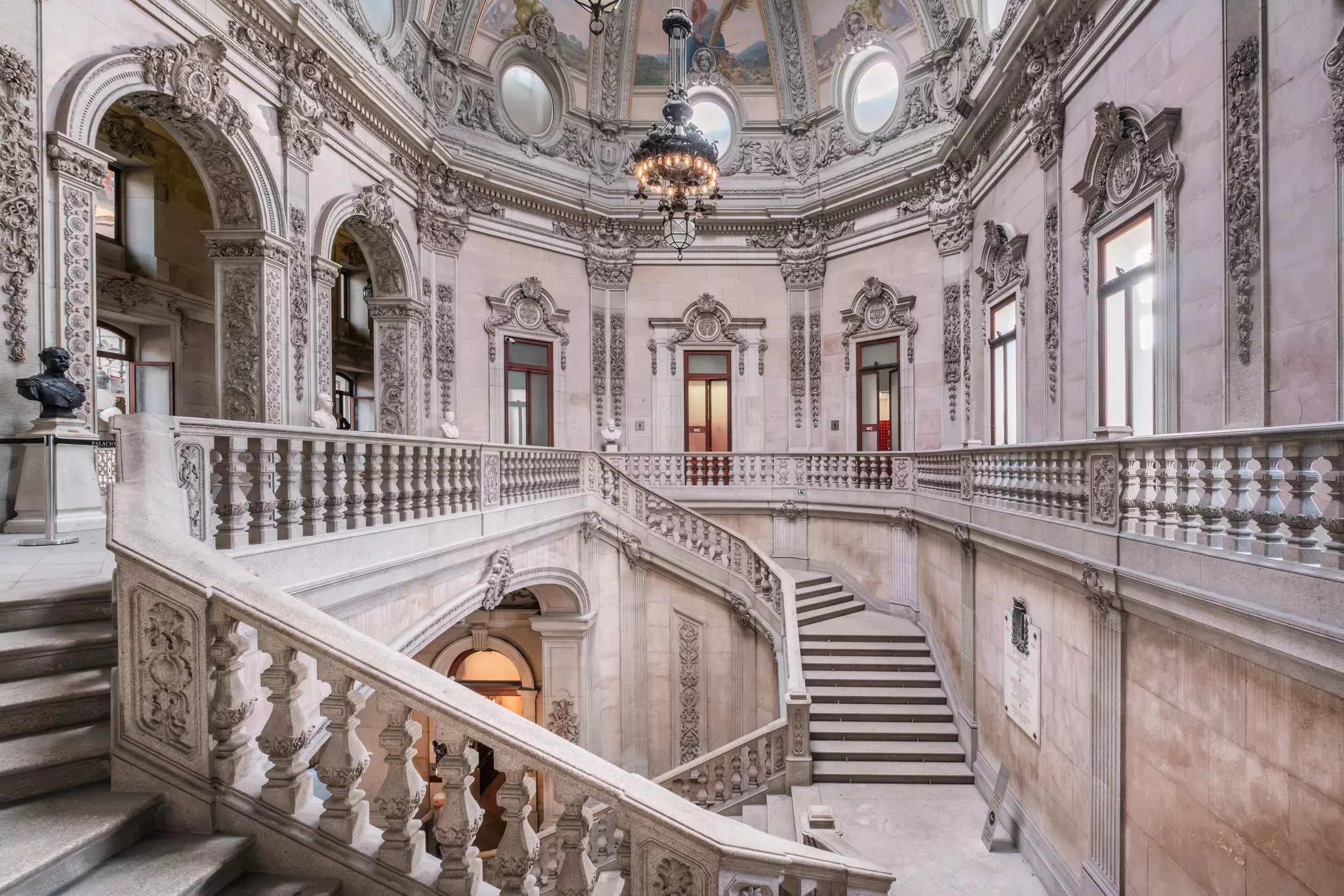 An interior view of the stairs in the Stock Exchange Palace (Palácio da Bolsa) in the city of Porto.