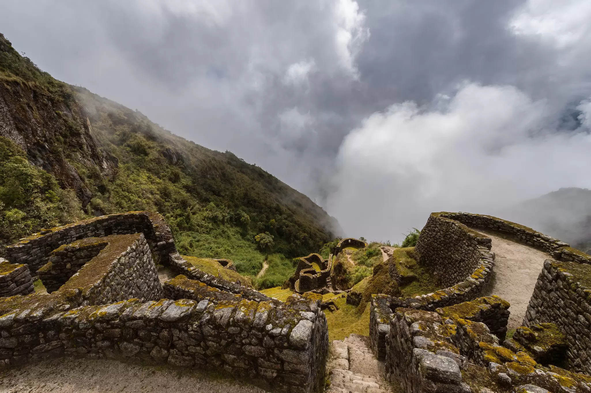 Top view of circular Runturakay, Inca ruins on the Inca Trail in Peru.