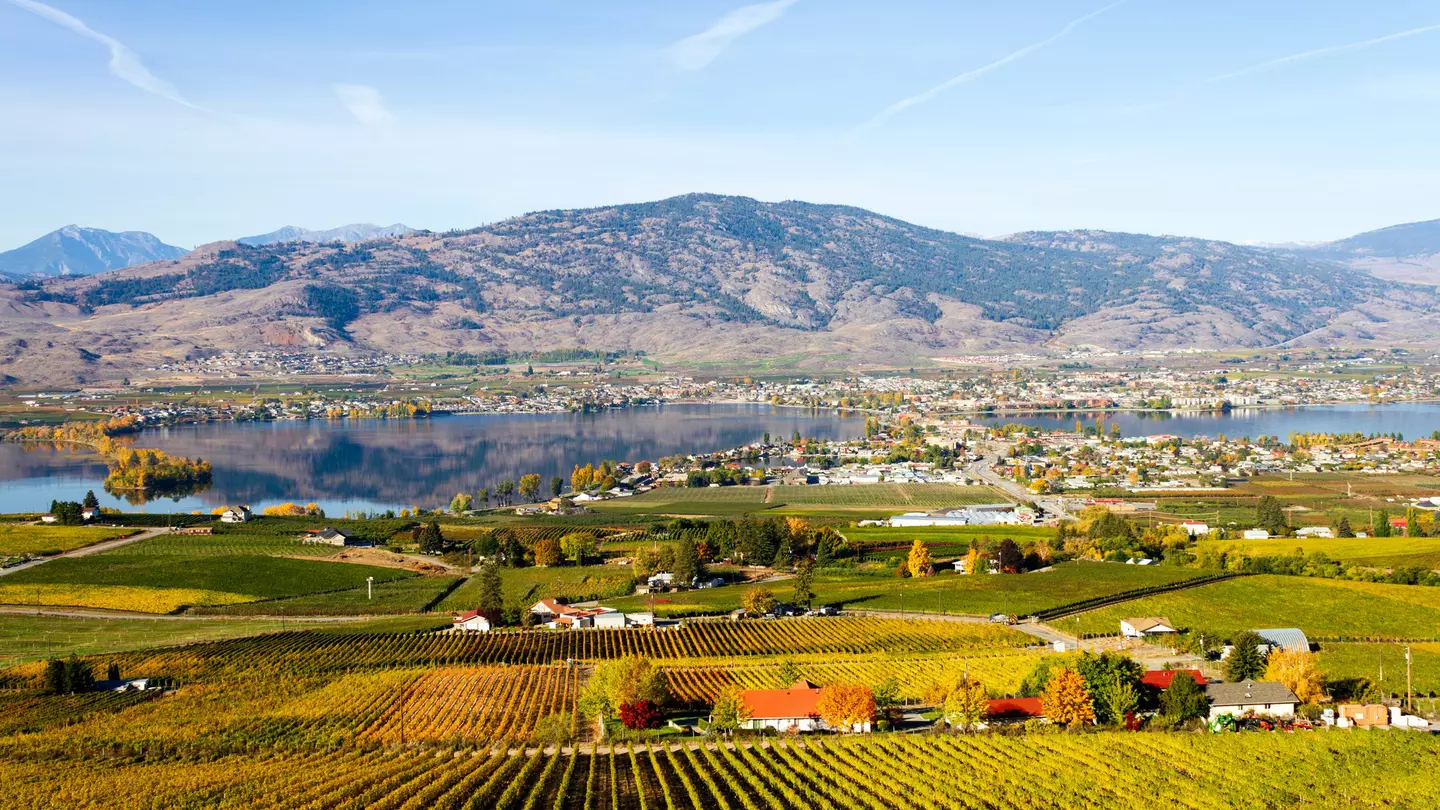 small town surrounding a lake with farms in the foreground and a rising hill in the background.