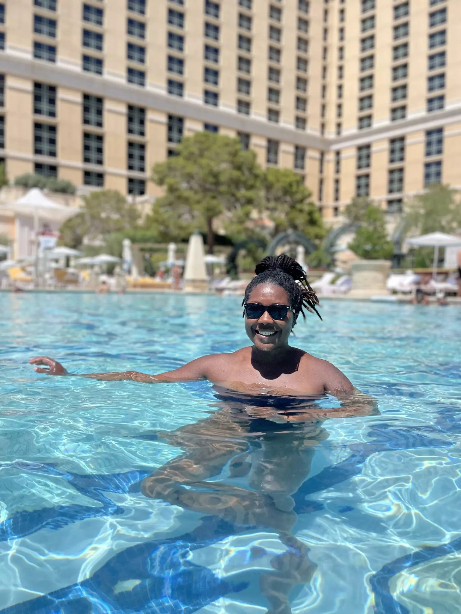 Lonely Planet destination editor Alicia Johnson cooling off in the Bellagio pool. Alicia Johnson/Lonely Planet