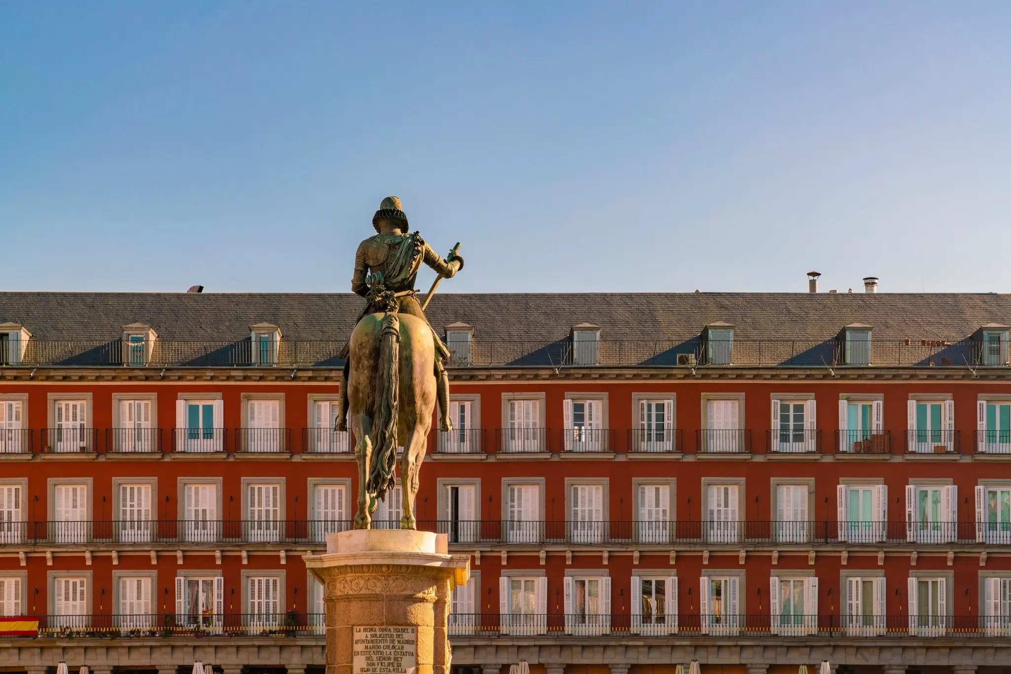 The back of a statue of King Felipe III in Plaza Mayor, Madrid.
