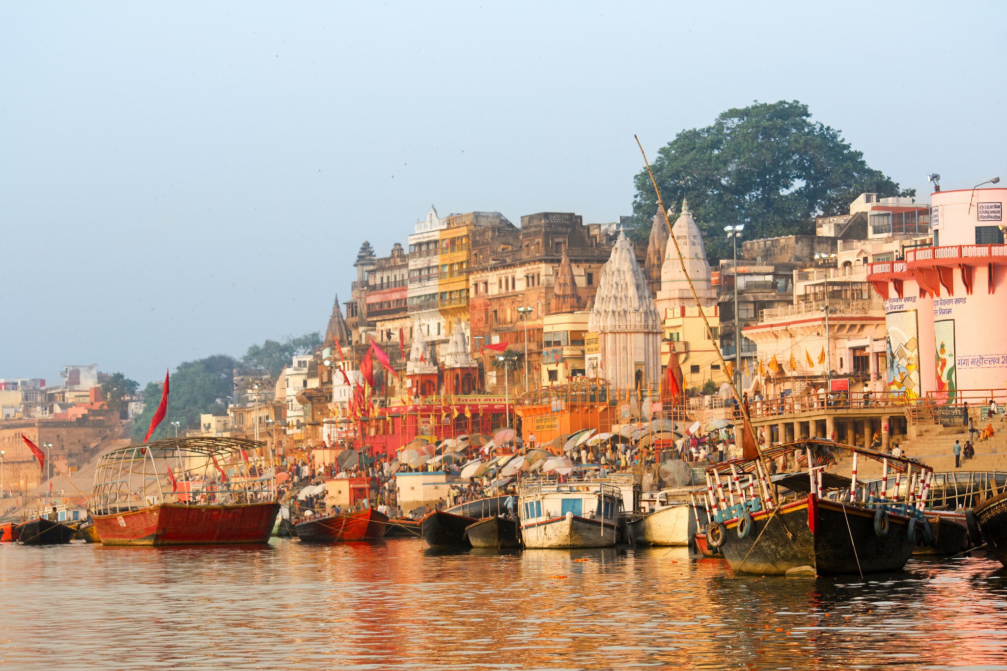 Varanasi India Ganges River Bank with colorful Temples