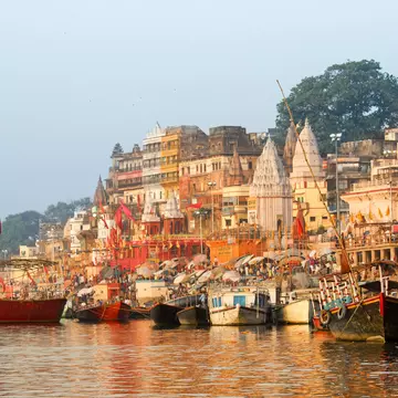 Varanasi India Ganges River Bank with colorful Temples