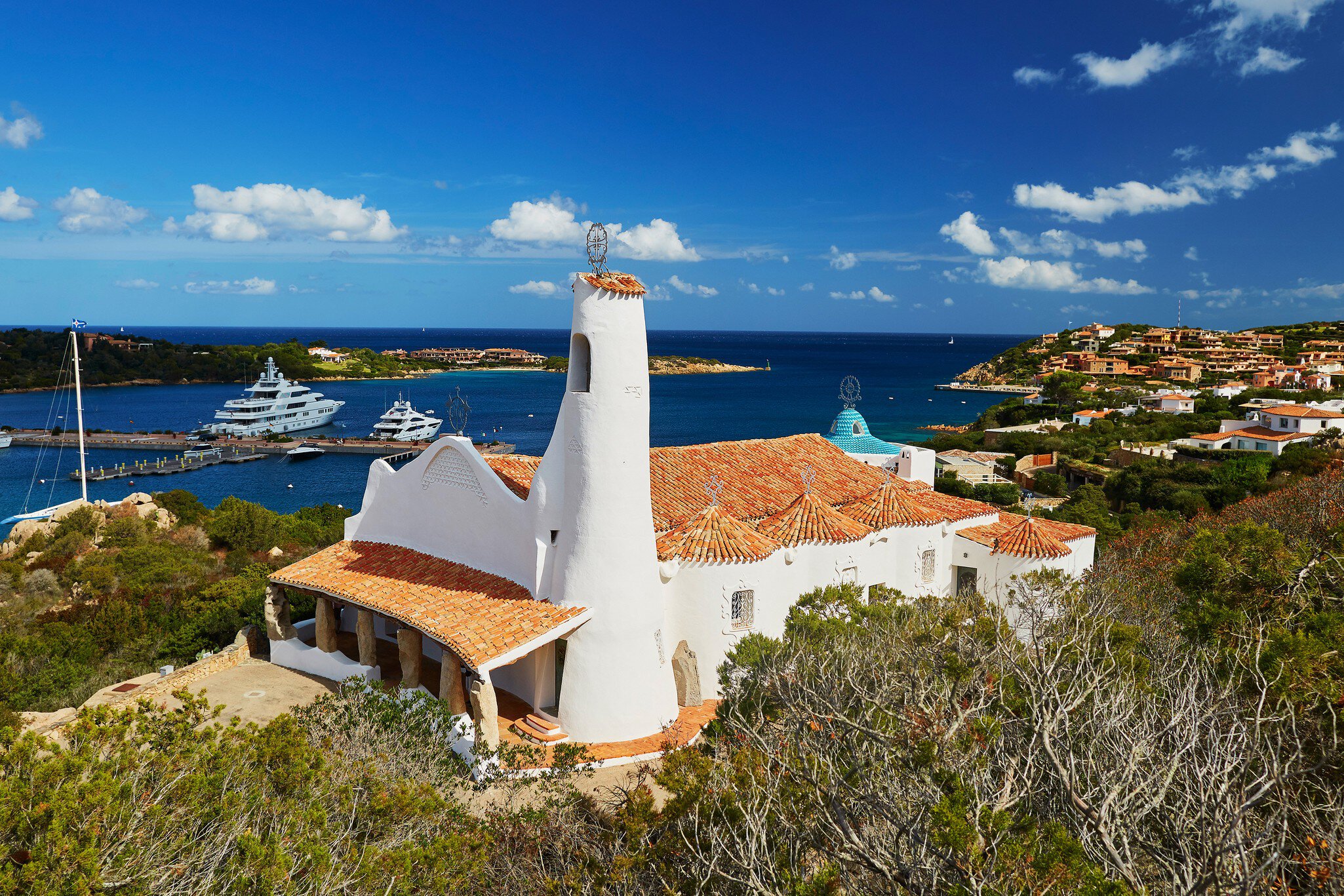 Aerial view to Stella Maris church in Porto Cervo, Emerald coast, Sardinia, Italy