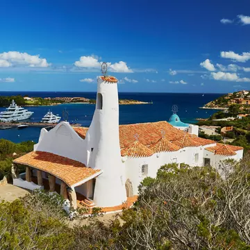 Aerial view to Stella Maris church in Porto Cervo, Emerald coast, Sardinia, Italy