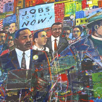 A painted mural depicts Martin Luther King Jr and other figures.