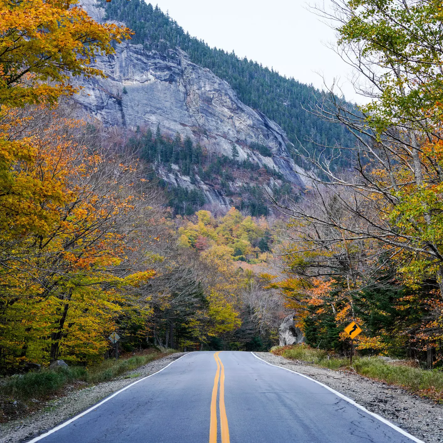 A two-lane blacktop road in Maine leads to a sheer rock face on a hill with evergreens; trees lining the roadway are in fall colors, and there is a road sign for a winding road ahead.