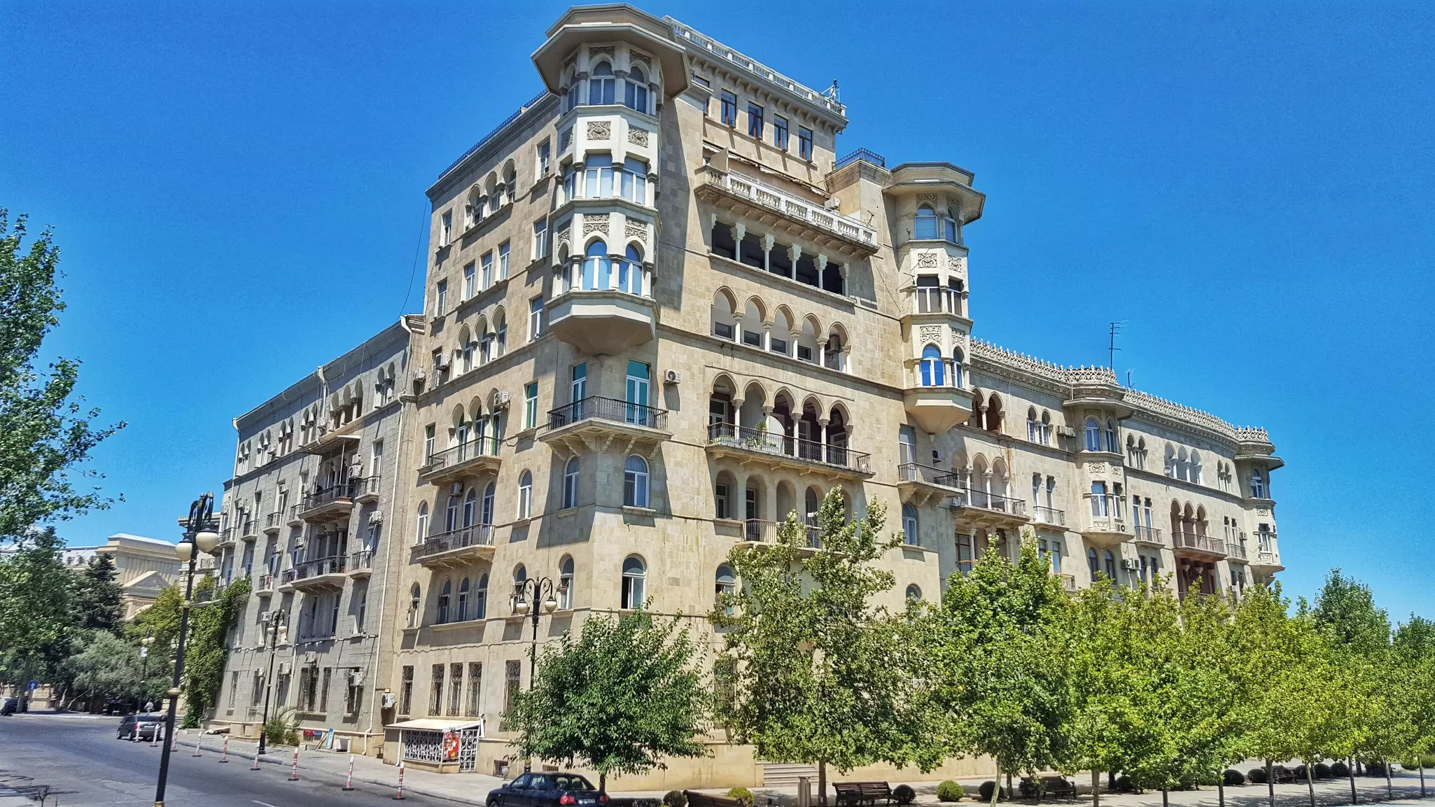 The Scientists' Residential House sits on Neftchilar Ave in Baku.