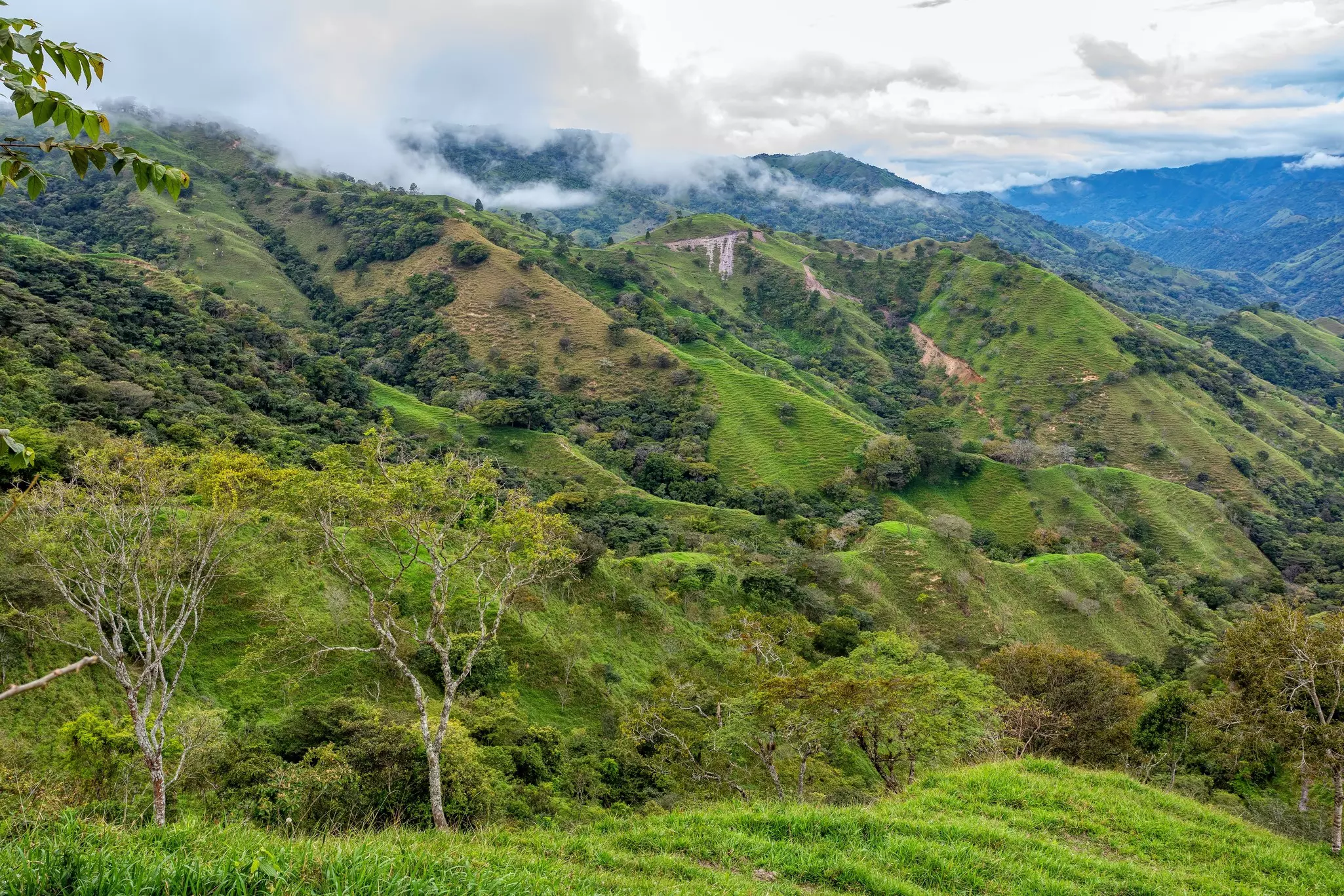 Beautiful view on the hills and forest surrounding Los Quetzales national park, beautiful Costa Rica Wilderness landscape.