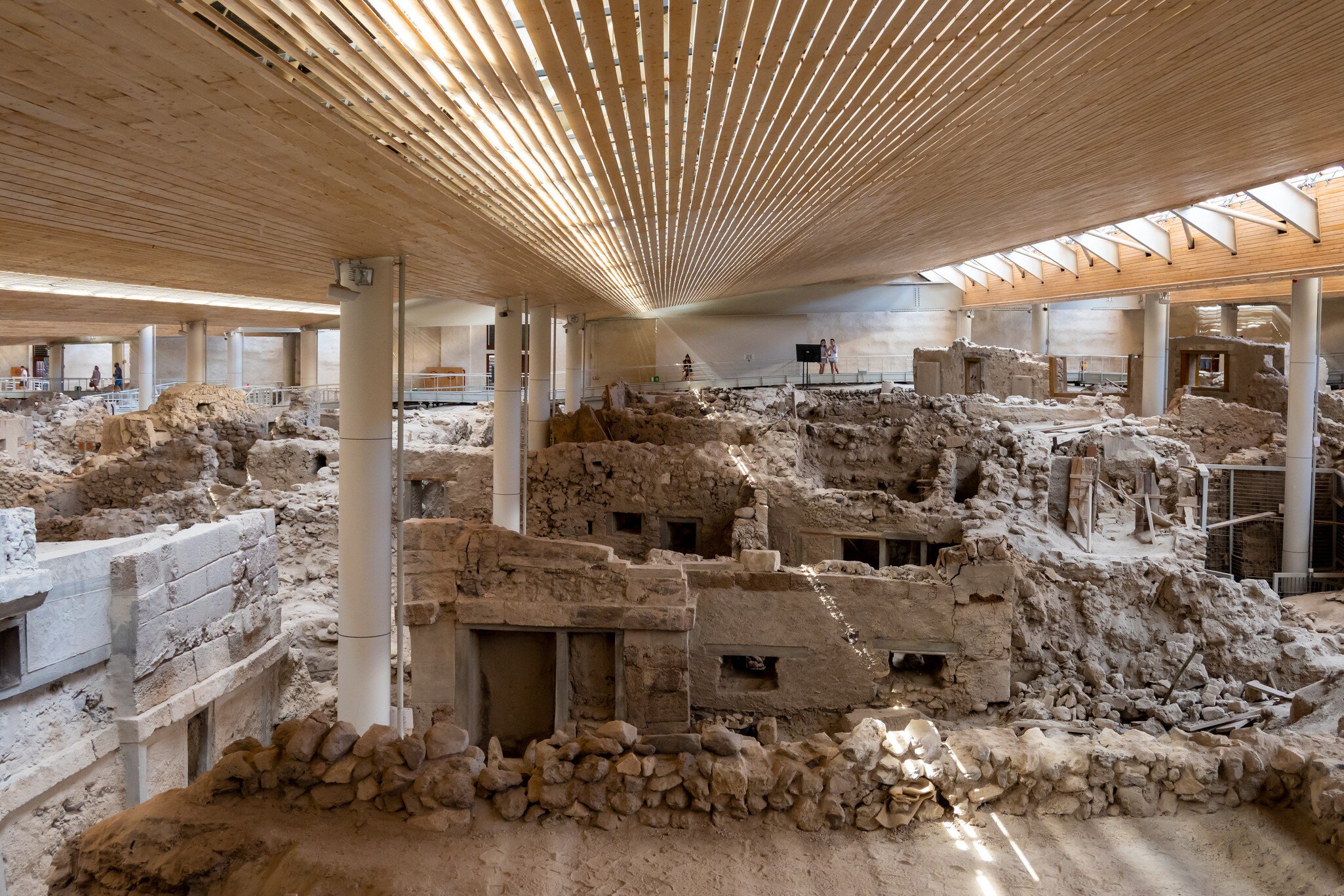 Recovered ancient buildings in the prehistoric town of Akrotiri in Santorini, Greece.