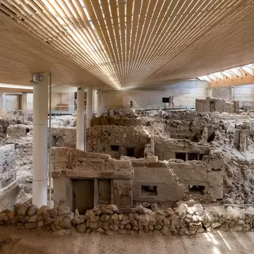 Recovered ancient buildings in the prehistoric town of Akrotiri in Santorini, Greece.