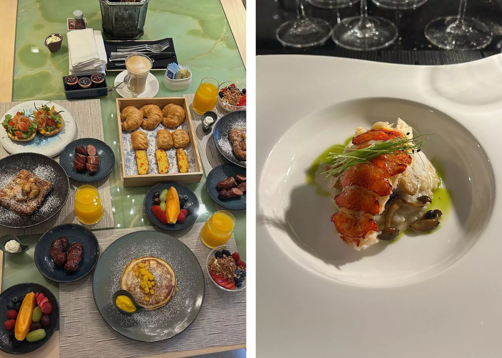 Left: A table laden with breakfast options including pastries, fruit and sausage. Right: a lobster tail on a bed of rice and mushroom