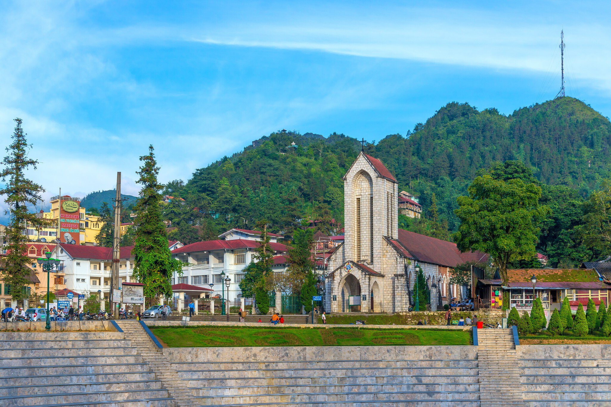 The Notre Dame Cathedral in the main square of Sapa, Vietnam.