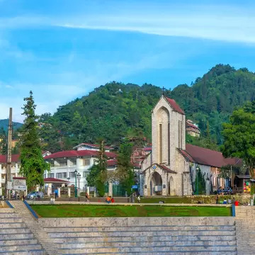 The Notre Dame Cathedral in the main square of Sapa, Vietnam.