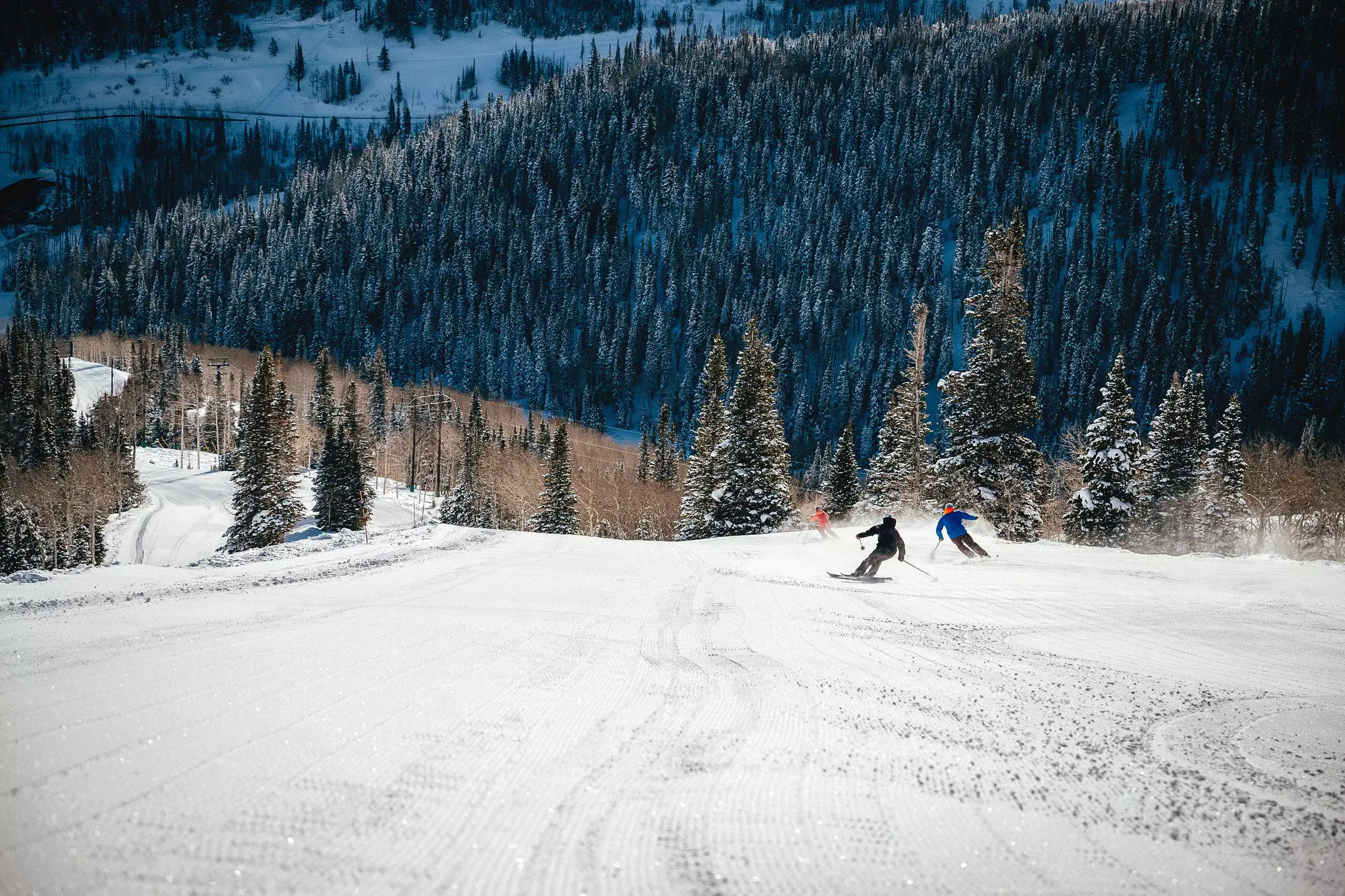 A small group of skiers goes down the mountain.