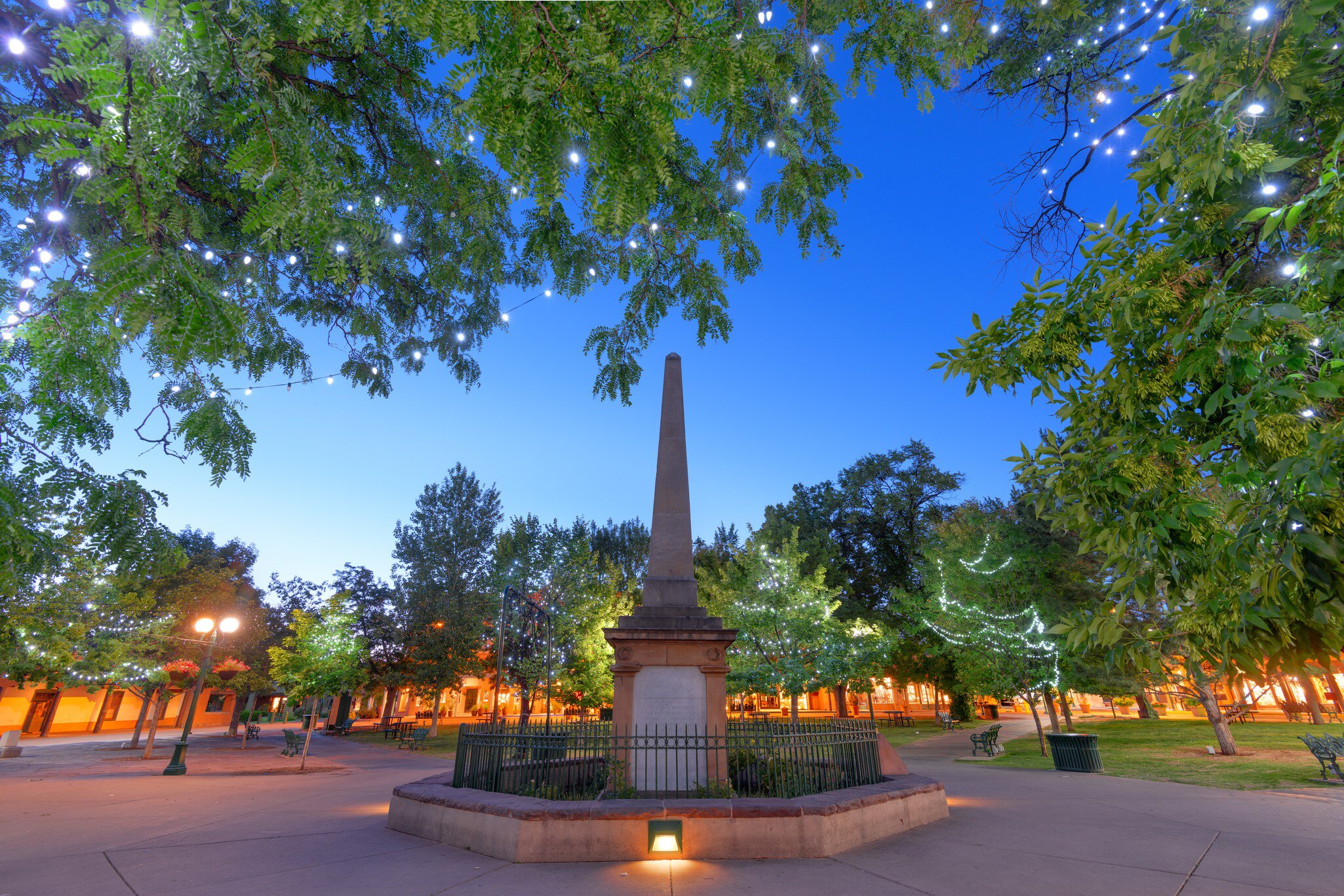 Santa Fe Plaza with the Soldiers' Monument at twilight.