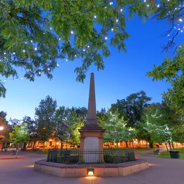 Santa Fe Plaza with the Soldiers' Monument at twilight.