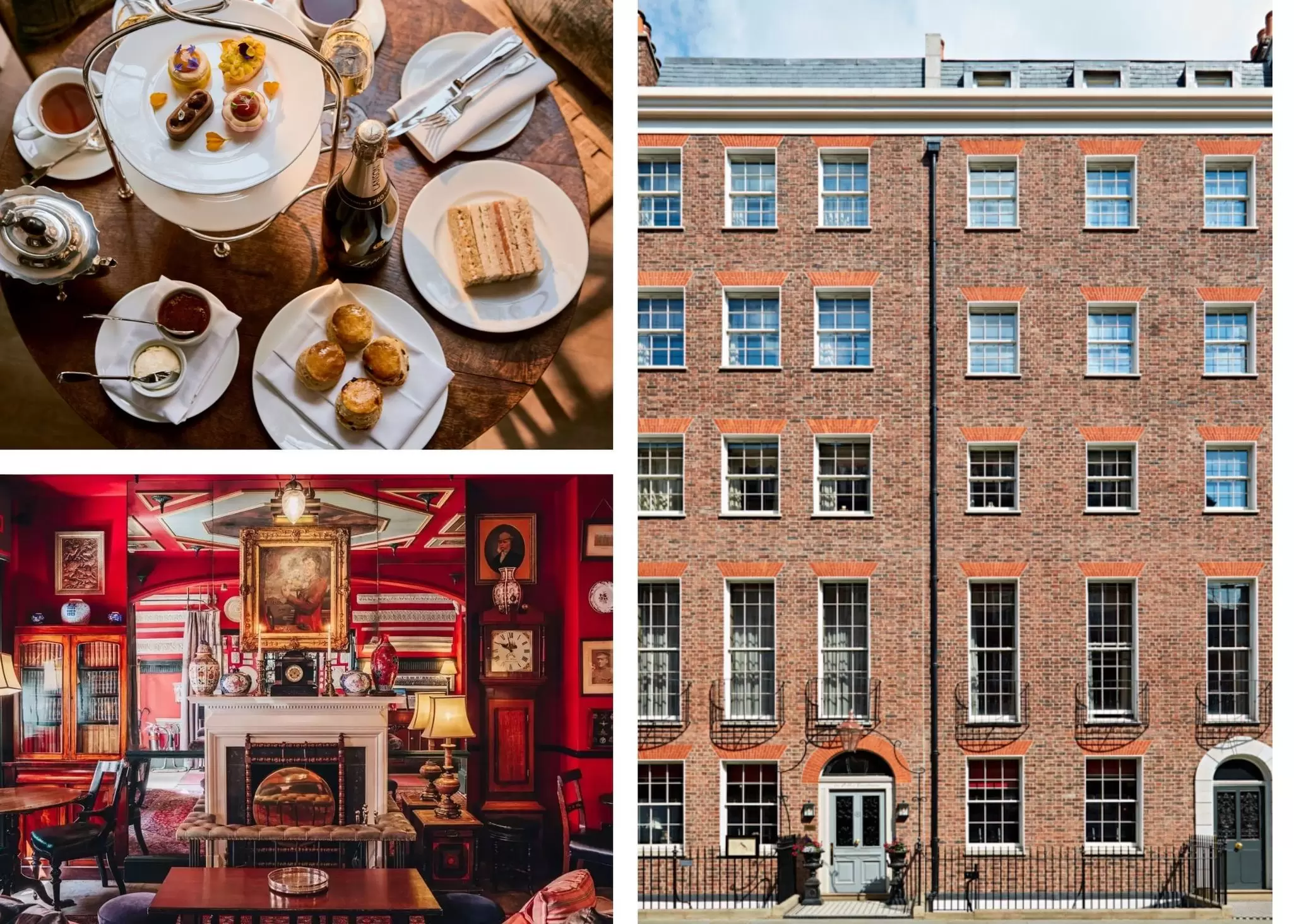 collage with Clockwise from left: Afternoon tea; exterior Zetter Townhouse; inside the Parlour.