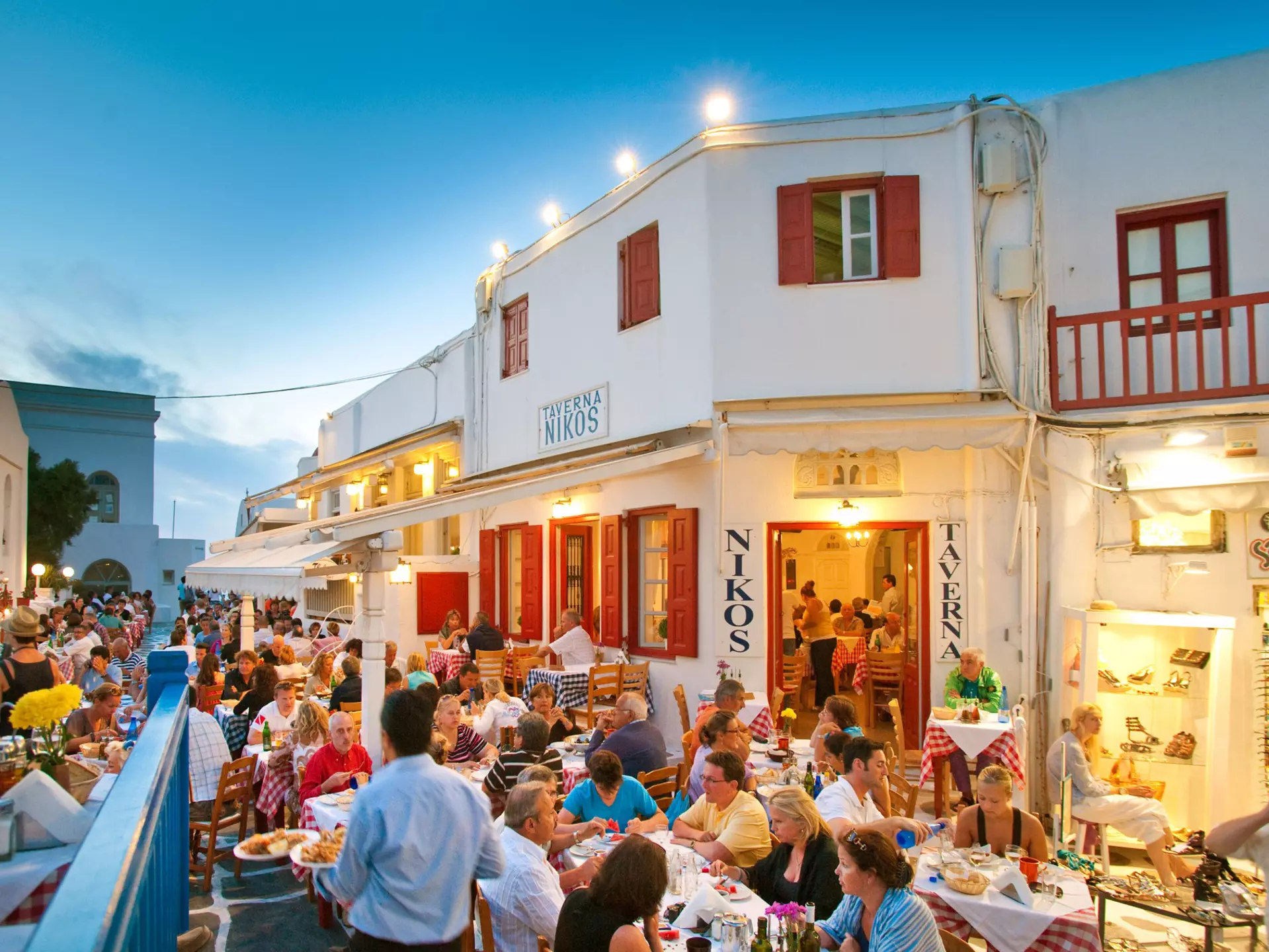 Tourists at Niko's Taverna on Mykonos