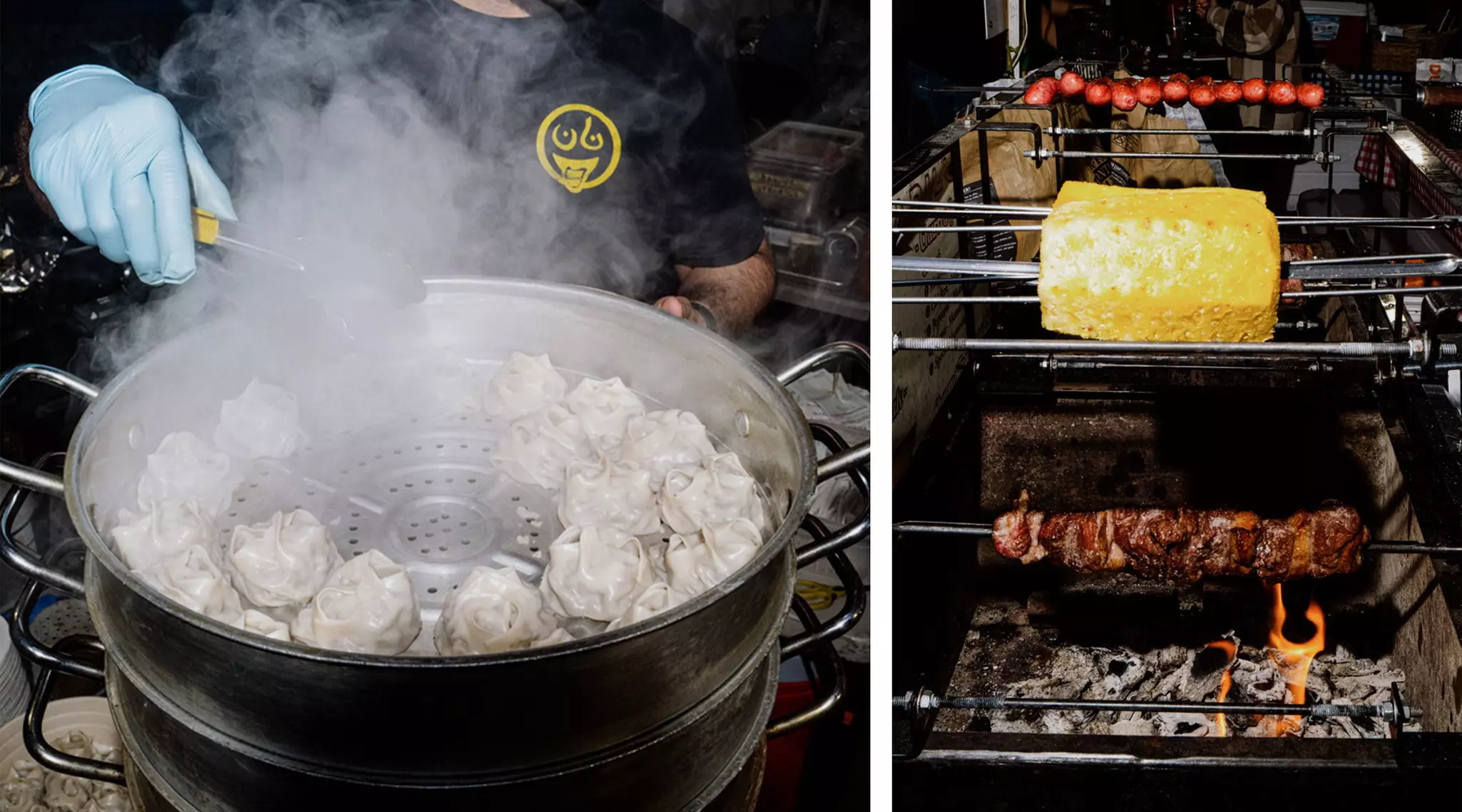 Left: Vendor—Nansense / Dish—Afghan Mantu; Right: Vendor—Misterbocadillos / Dish—Brazilian Churrasco; Brian Bills via Queens Night Market