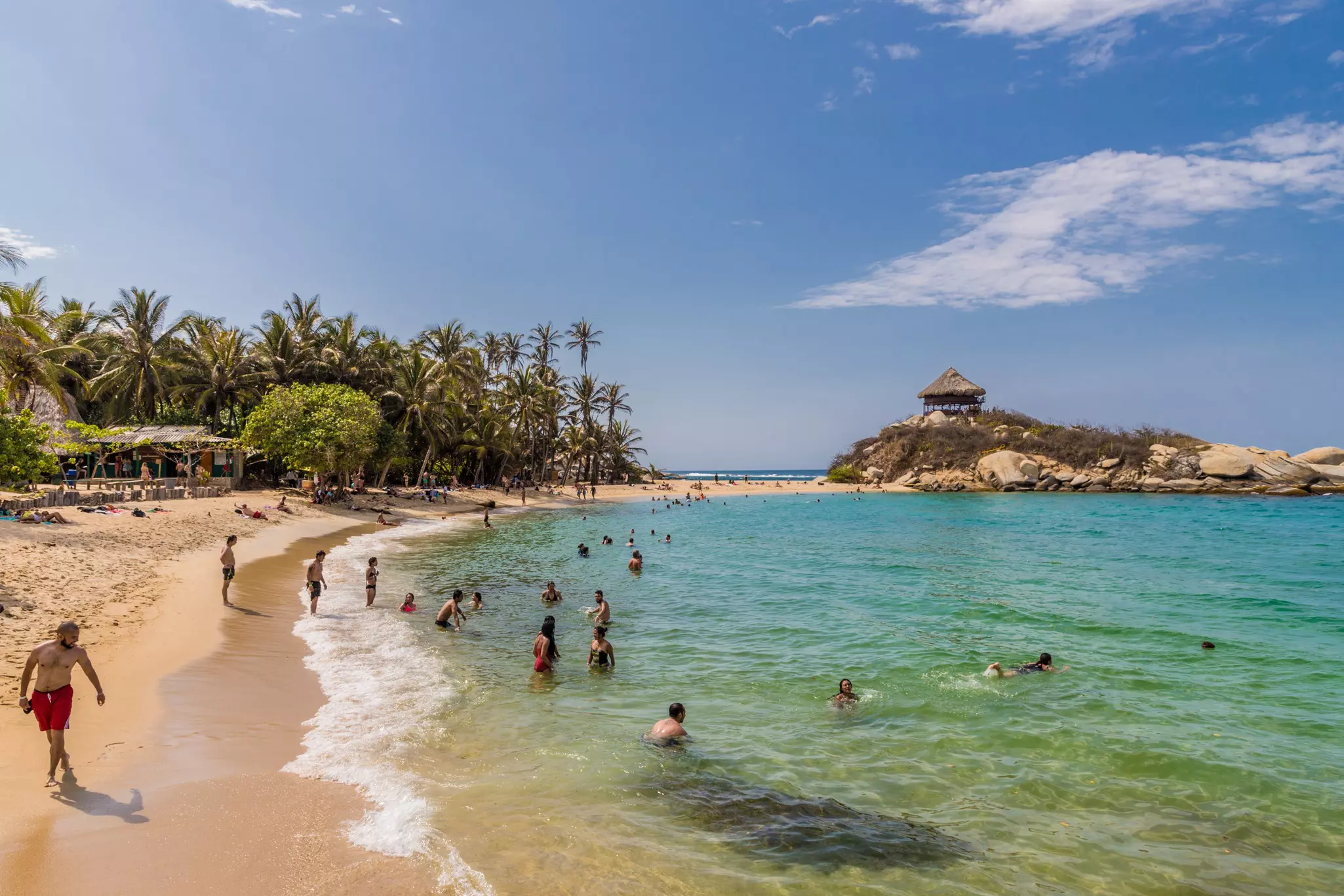 A view of the famous hammock hut overlooking the beach at Cabo San Juan in Tayrona national park, Colombia.
