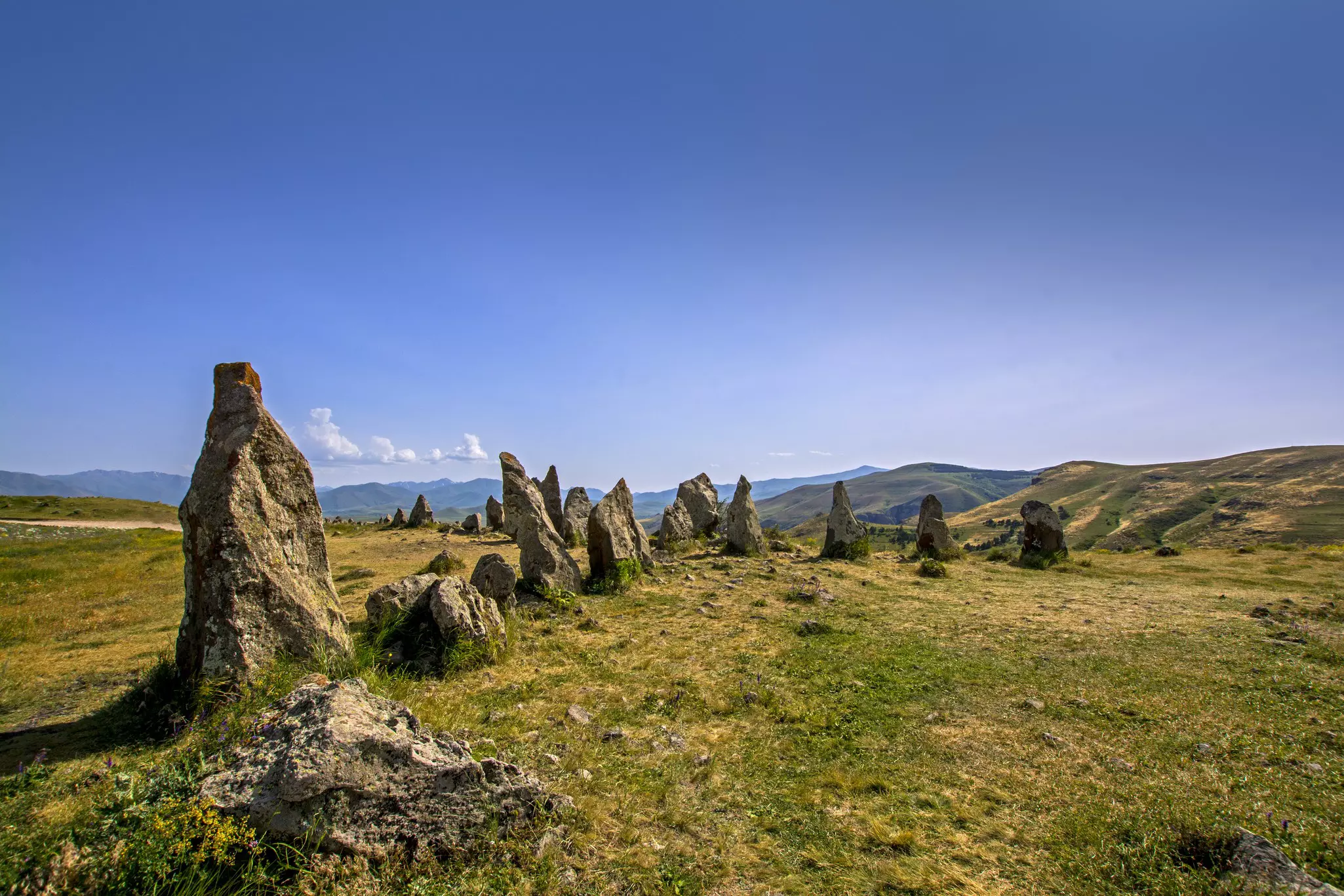 Ancient observatory called Zorats Karer or Karahunj, known as Armenian Stonehenge. Prehistoric archaeological megalithic site. Sisian, Syunik Province, Armenia. Late 3rd-mid 1st millennia BCE