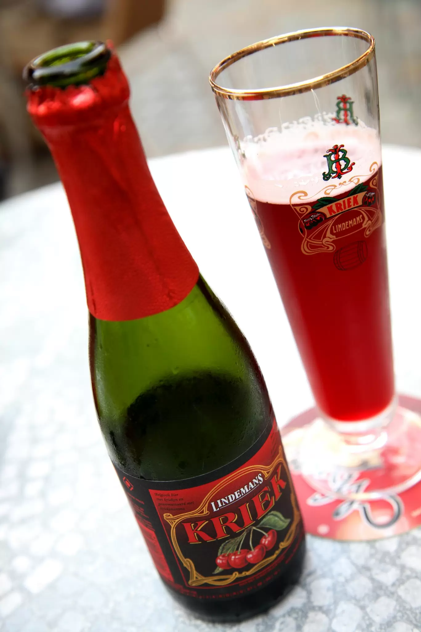 A glass of Lindemans Kriek cherry beer