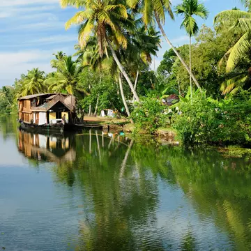 Coco trees and a houseboat in the back waters of Kerala, India.