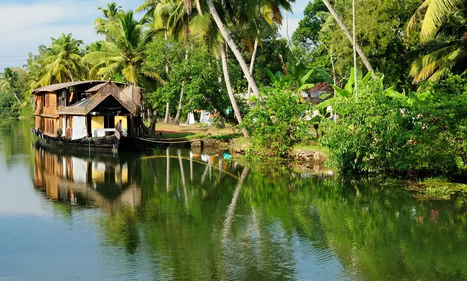 Coco trees and a houseboat in the back waters of Kerala, India.