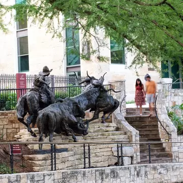 San Antonio, TX/USA- May 18 2019: "Coming Home to the Briscoe" is a statue by artist T.J.Kelsey outside the Briscoe Western Art Museum along the San Antonio River Walk, San Antonio, Texas.; Shutterstock ID 1444943180; your: Bridget Brown; gl: 6505...