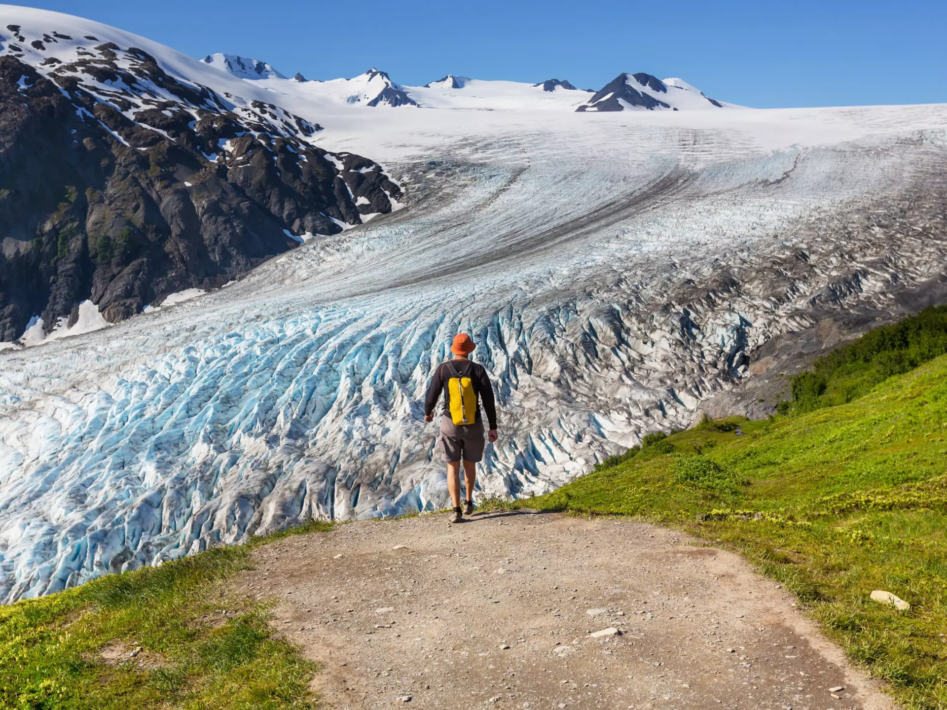 Hiker in Exit Glacier, Kenai Fjords National Park, Seward, Alaska