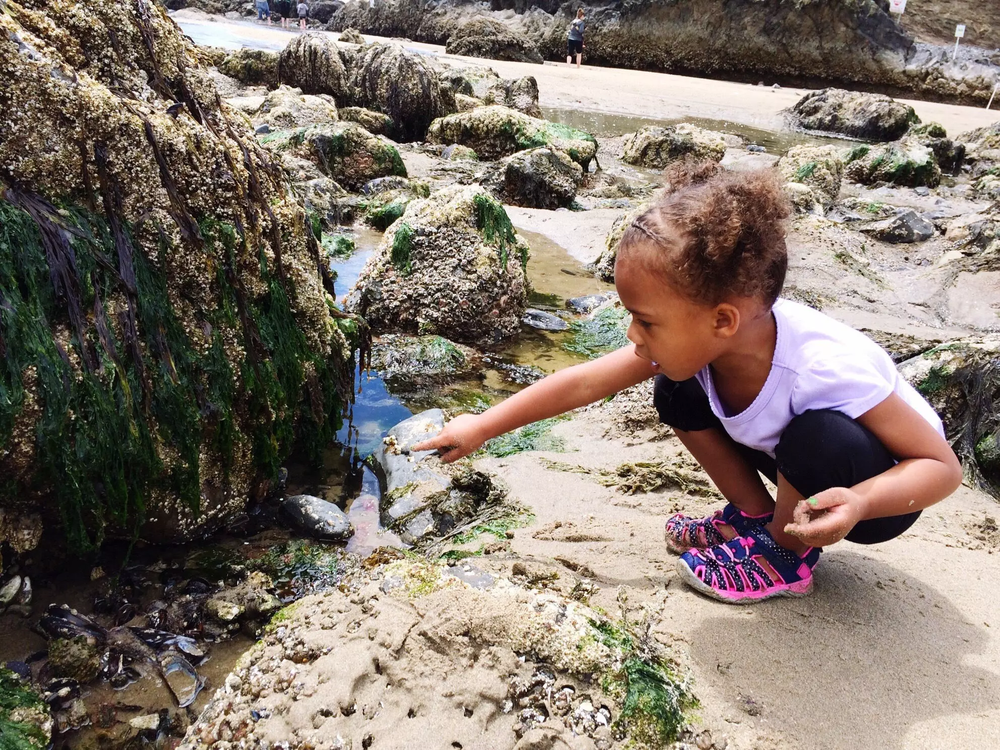 Full Length Of Girl Pointing By Rocks While Crouching At Sandy Beach.