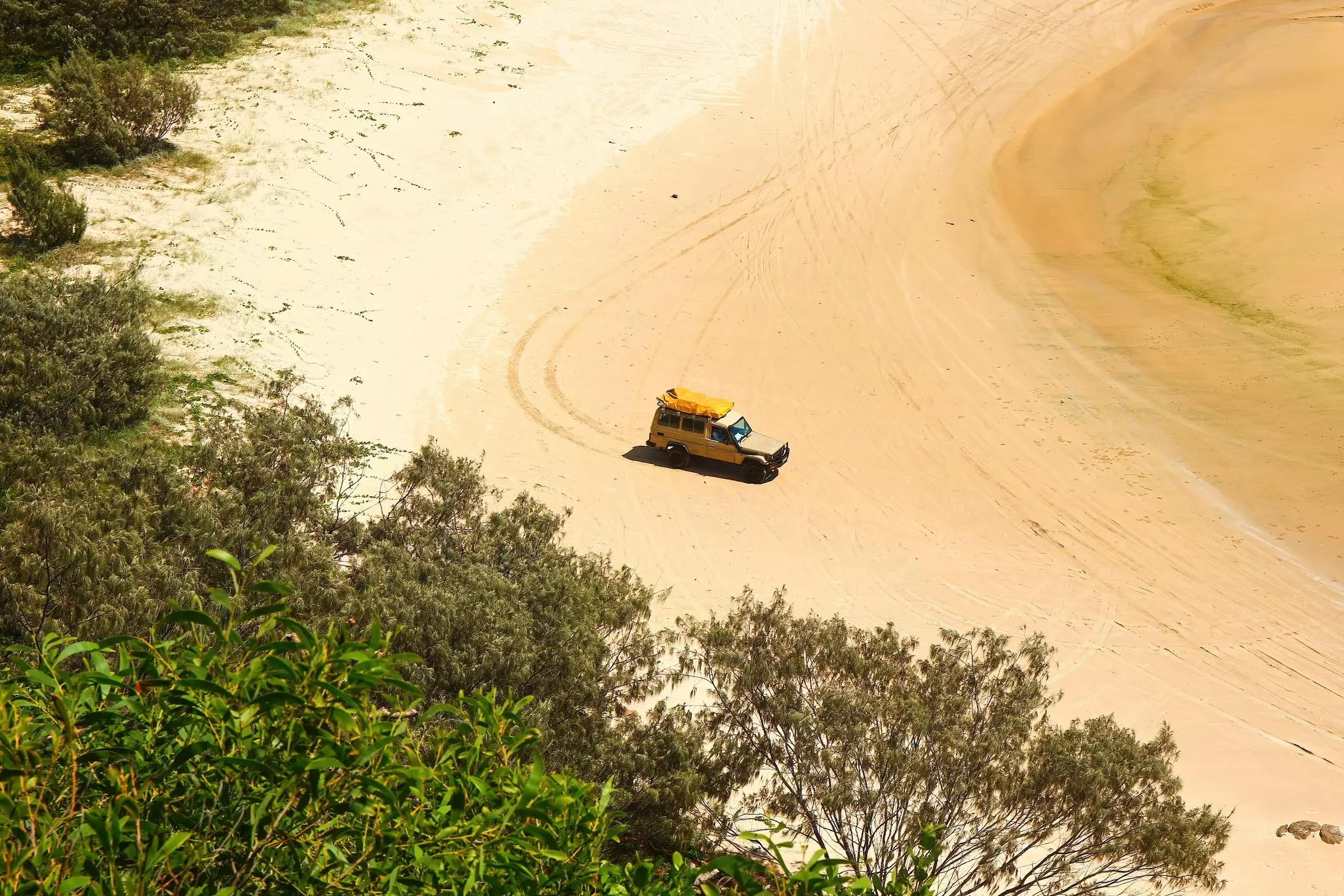 A 4WD vehicle with camping equipment strapped to its roof is pictured on a beach next to vegetation.