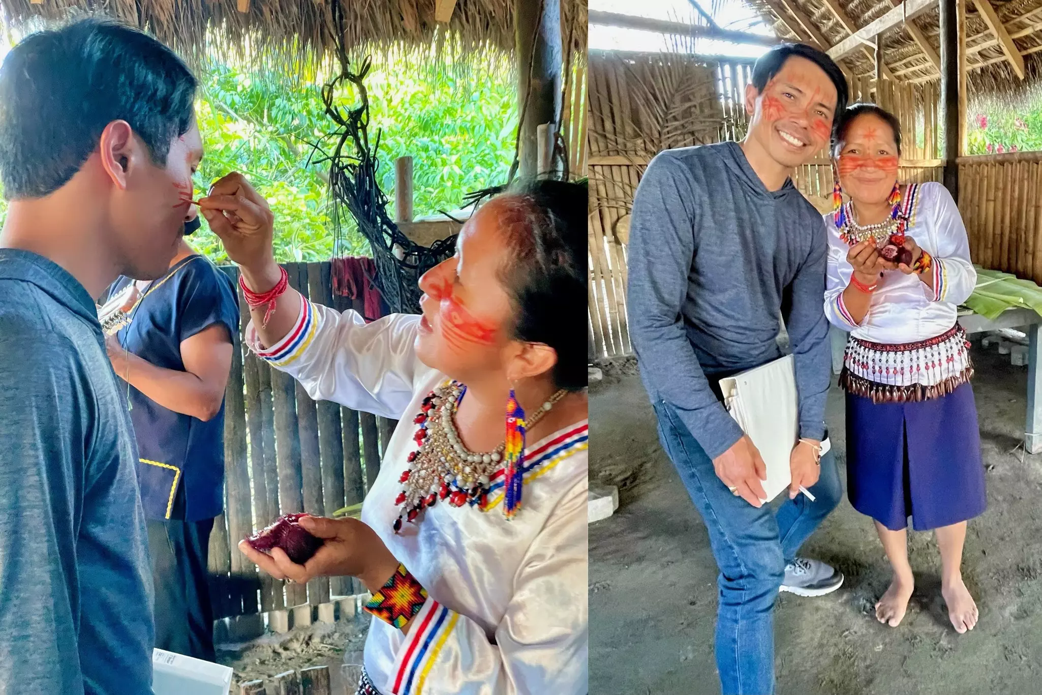 Senior Video Producer, Matt Paco, has his face painted at Comunidad Shiripuno near Tena, Ecuador @ Matt Paco / Lonely Planet