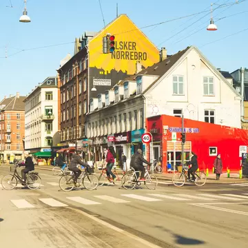 Copenhagen, Denmark. Bikers on street in Norrebro.