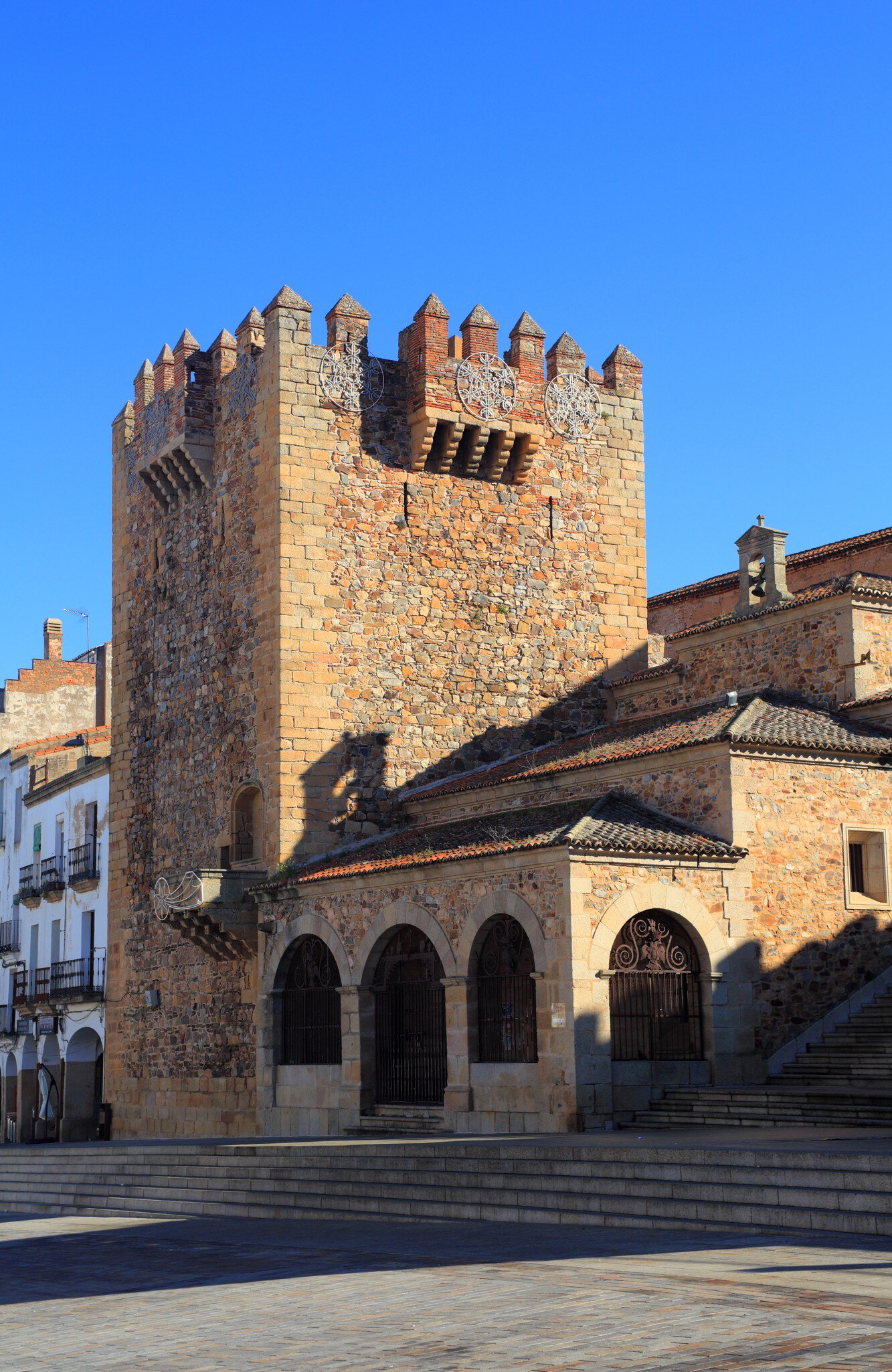 View of the Torre de Bujaco in the historical center of Cáceres, Spain.