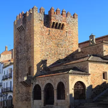 View of the Torre de Bujaco in the historical center of Cáceres, Spain.