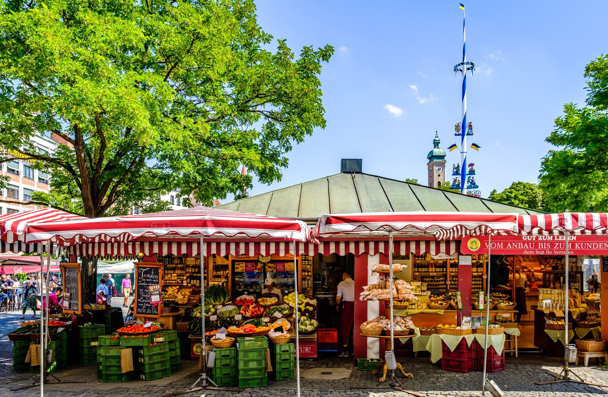 Gourmet food on offer at the Viktualienmarkt in Munich, Germany.