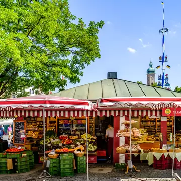 Gourmet food on offer at the Viktualienmarkt in Munich, Germany.