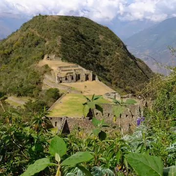 Panoramic view of Choquequirao, an Incan archaeological site in Peru, similar in structure and architecture to Machu Picchu.