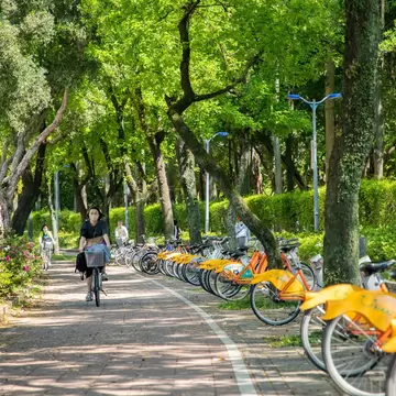 Bicycle riders on a tree-covered path in Da'an Forest Park, Taipei, Taiwan.