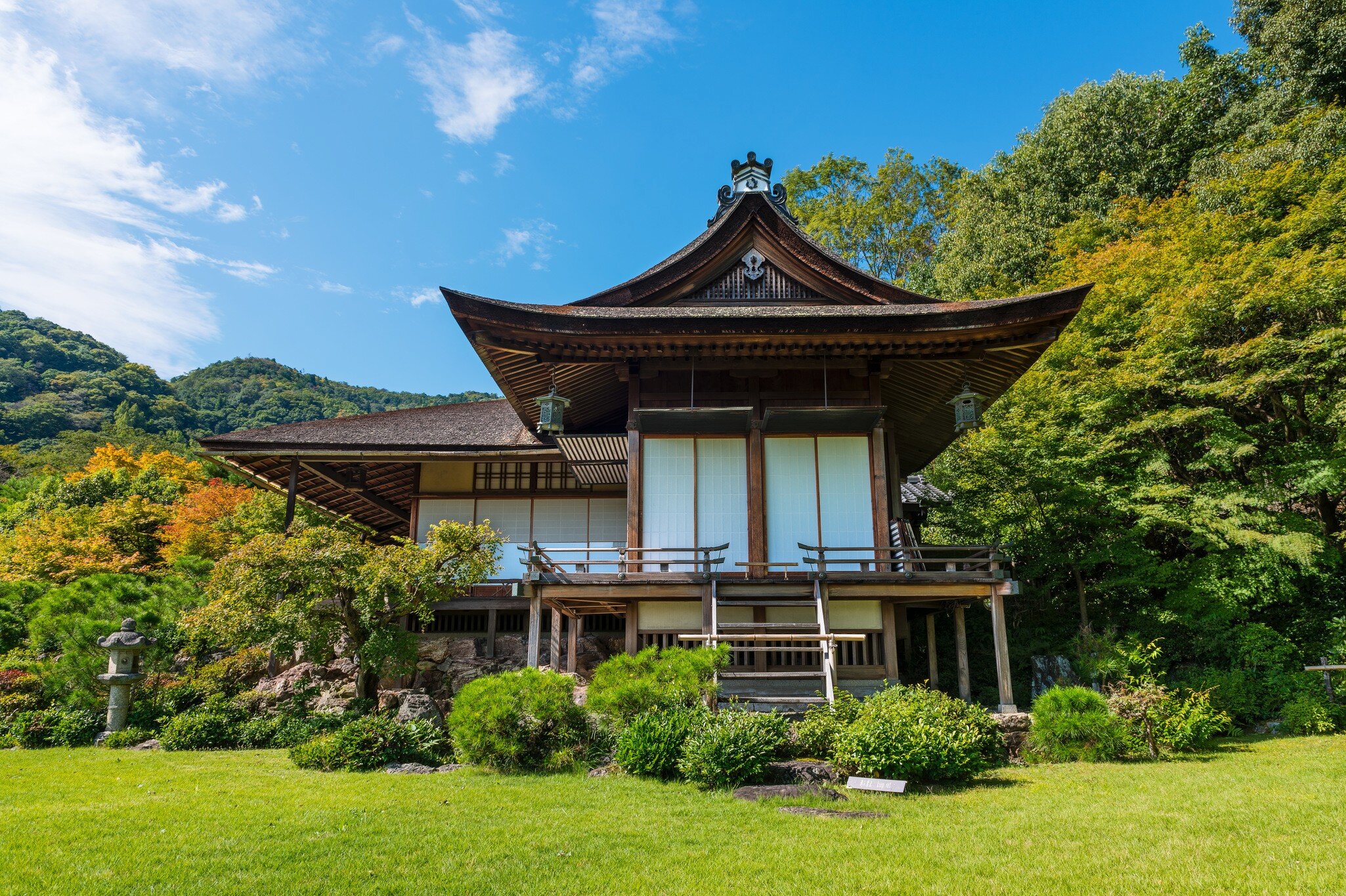 Kyoto, Japan - October 5, 2015: Japanese gardens and main house (Daijokaku) in the Okochi Sanso villa in Arashiyama, Kyoto, the former home and garden of the Japanese period film amor Denjiro Okochi.